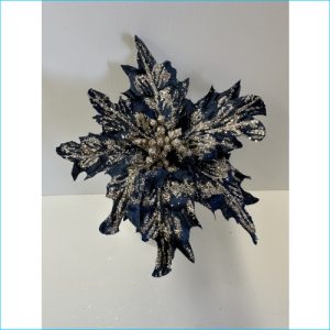 Poinsettia Stem Blue & Gold 20cm